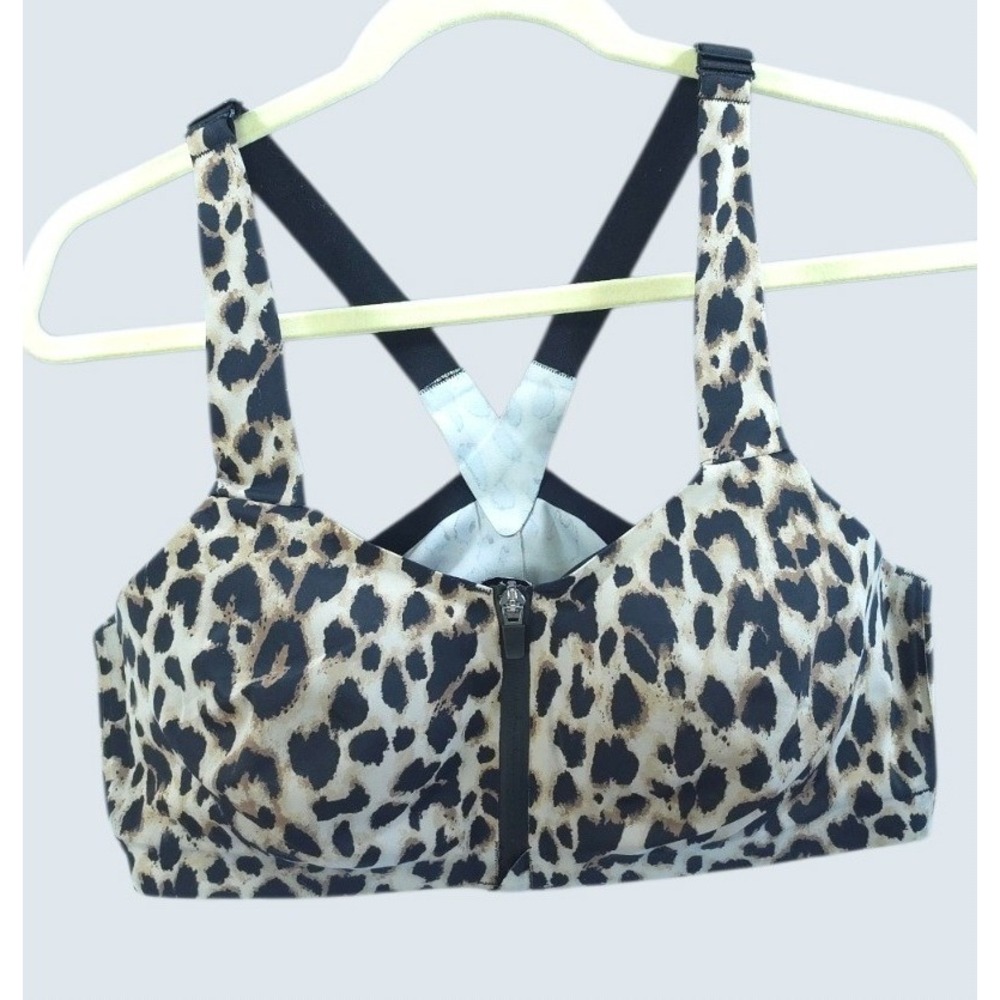 Victoria's Secret Incredible Knockout Front Zip Sports Bra 38D Leopard Tan Black